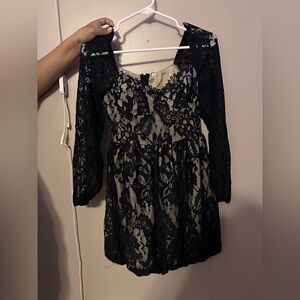 Black Lace Overlay Dress with Nude Lining